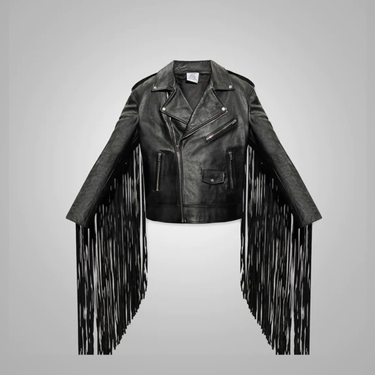 New Mens Black Leather Motorcycle Cowboy Long Western Fringed Jacket