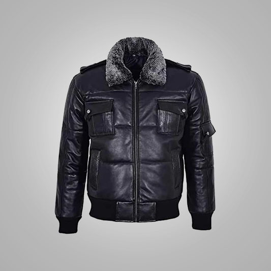 New Black Men’s Hair On Collar Puffer Leather Bomber Jacket