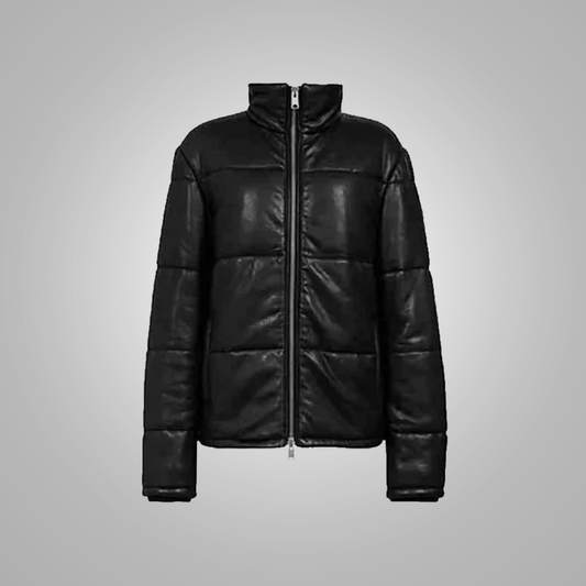 New Black Leather Puffer Jacket For Men