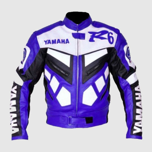 New Men White&Blue Yamaha R6 Motorcycle Genuine Cowhide Racing Biker Leather Jacket