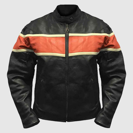 New Black Redline Men’s Orange Stripe Cowhide Leather Motorcycle Biker Jacket