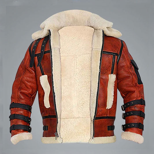 Aviator Sheepskin RAF Men B6 Waxed Bomber Shearling Leather Jacket