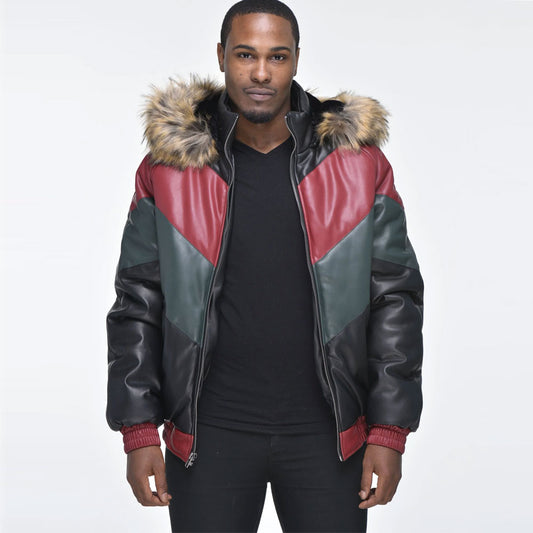 Men’s Faux Leather V Bomber Jacket