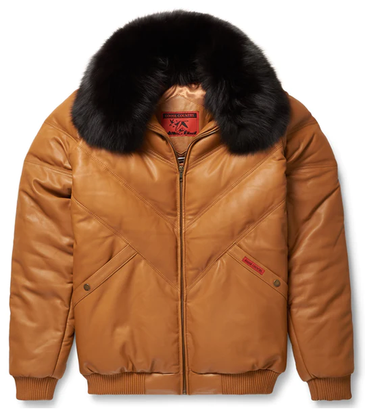 New Men Camel Leather V-Bomber Jacket With Black Fur