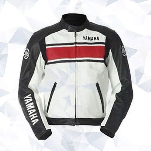 Yamaha White-Black-Red Real Cowhide Motorcycle Racing Leather Jacket
