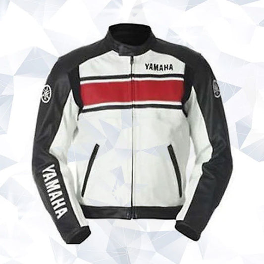 Yamaha White-Black-Red Real Cowhide Motorcycle Racing Leather Jacket