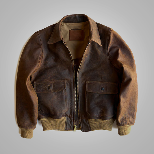 New Men Brown Vintage A-1 Flight Sheepskin Bomber Leather Flying Jacket