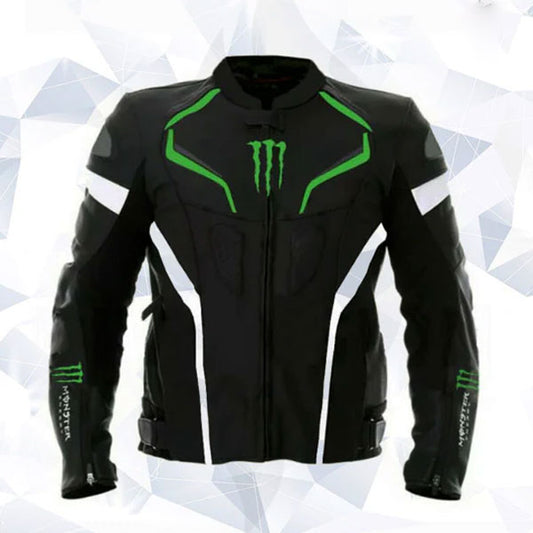 New Monster Energy Motorcycle Black Cowhide Leather Racer Jacket