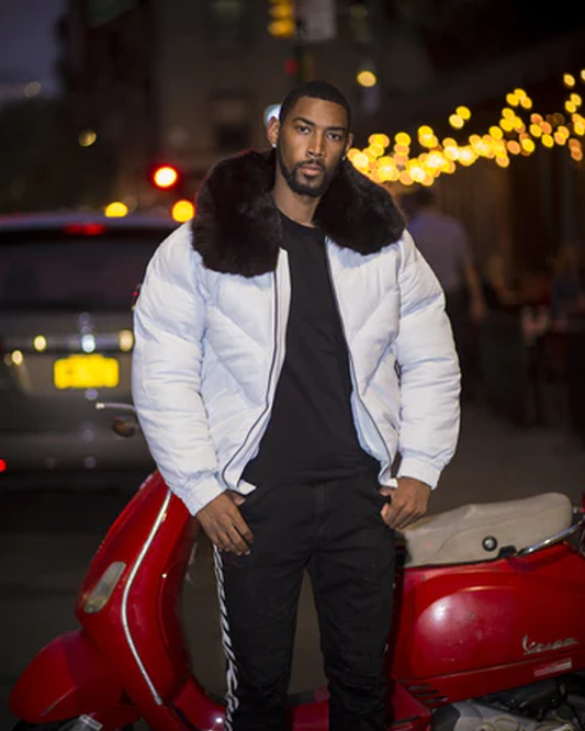 Men V Bomber Jacket White Black fur