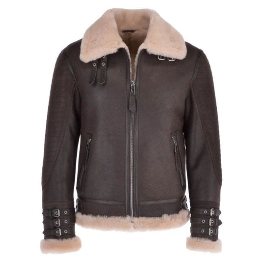 Men Brown Aviator Flying Bomber Shearling Leather Jacket
