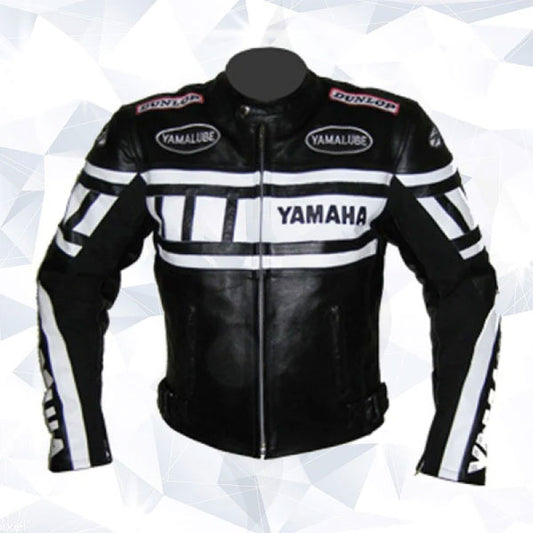 Yamaha Black And White Cowhide Leather Racing Motorcycle Jacket