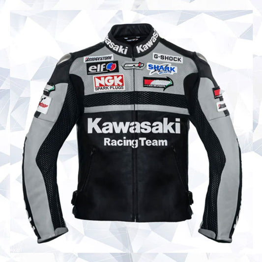 PROFESSIONAL GREY MOTORCYCLE RACING TEAM LEATHER JACKET (NO HUMP) (COLLECTIBLE)