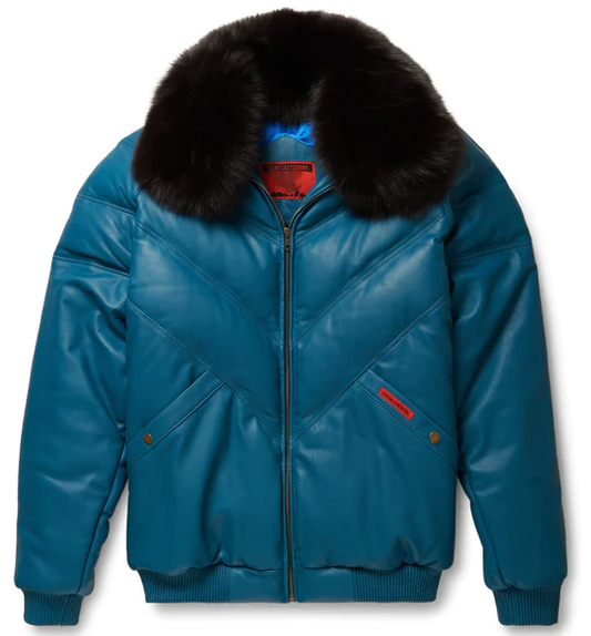 New Bule Teal Leather V-Bomber Jacket for Men