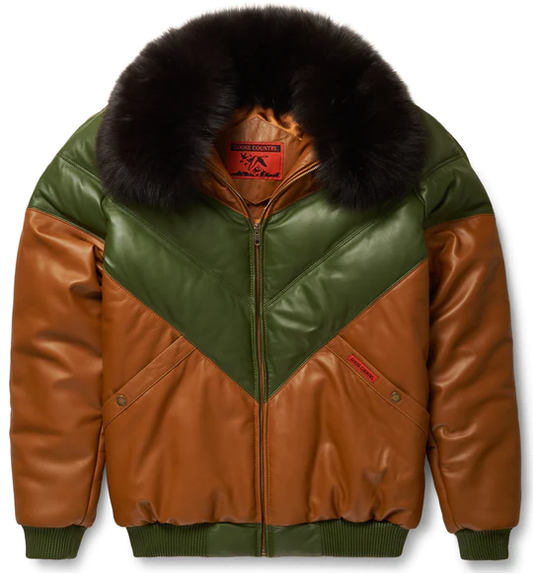 New Brown & Green Leather V-Bomber Jacket for Men With Black Fur