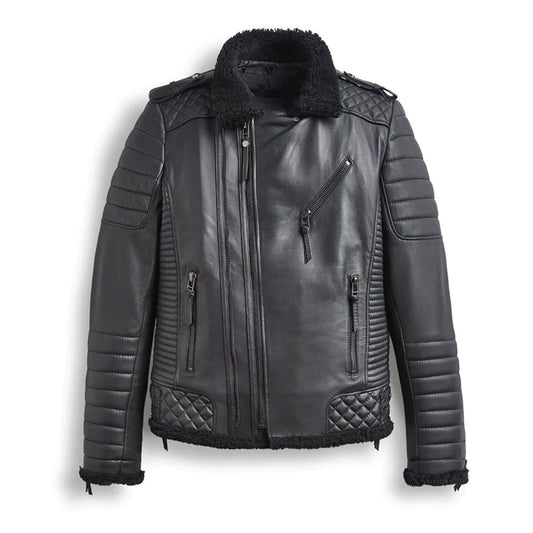 Men Real Motorcycle Shearling Leather Moto Jacket