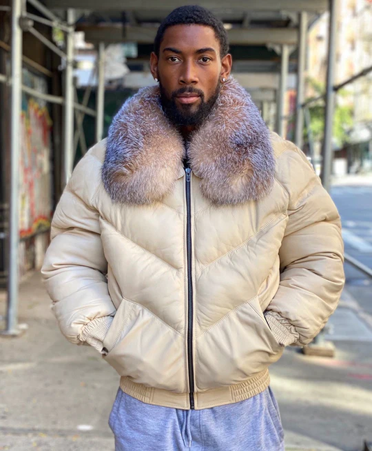 Men V-Bomber Jacket Cream Color With Crystal fox Fur