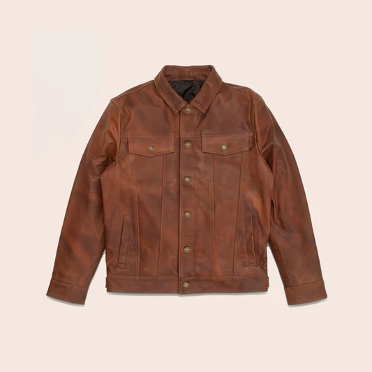 Men Brown Goatskin PlainTrucker Leather Bomber Jacket