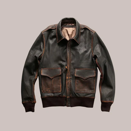 Men Brown Distressed Aviator A2 Leather Sheepskin Bomber Jacket