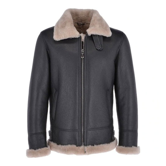 Men Brown Shearling Real Black Leather Bomber Jacket