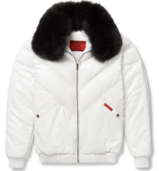 New Men Premium LambSkin White Leather V-Bomber Jacket With Black fur