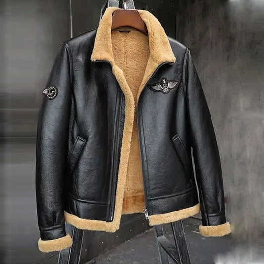 Mens Sheepskin Motorcycle Shearling Leather Bomber Jacket