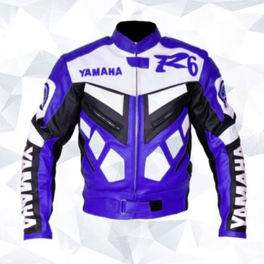 New Yamaha R6 White Blue Genuine Cowhide Racing Motorcycle Leather Jacket