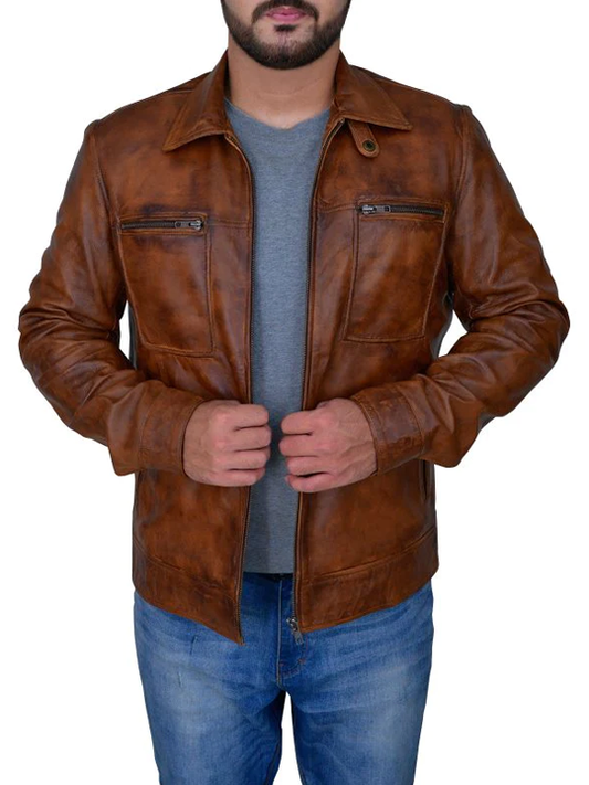 New Men’s Brown Distressed Motorbike Leather Aviator Jacket