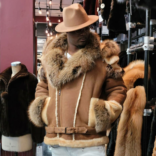 Mens Hooded Tan Shearling Moto Jacket Fox Trim