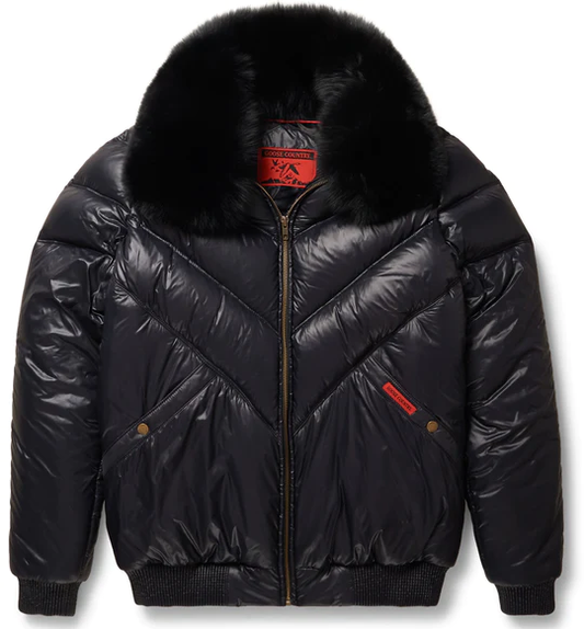 Men Nylon Black V-Bomber Jacket With Black Fur Collar