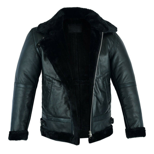 Men's Shearling Leather Black Fur B3 RAF Aviator Bomber Real Sheepskin Jacket