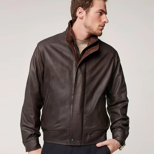 Mens Brown Classic Aviator Sheepskin Leather Bomber Jacket