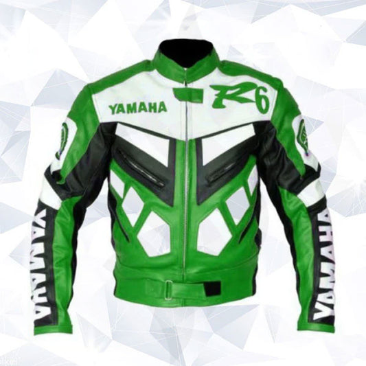 New Yamaha R6 White Green Genuine Cowhide Racing Motorcycle Leather Jacket