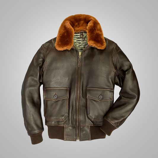 Brown Men Sheepskin A-2 Flight Leather Bomber Jacket