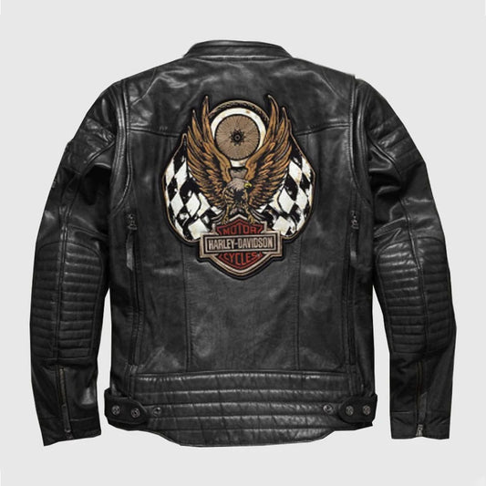 Harley Davidson Men embroidery Eagle Design Natural Leather Jacket