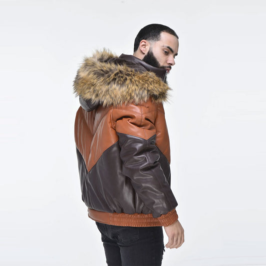 Men’s Faux Leather V Bomber Jacket