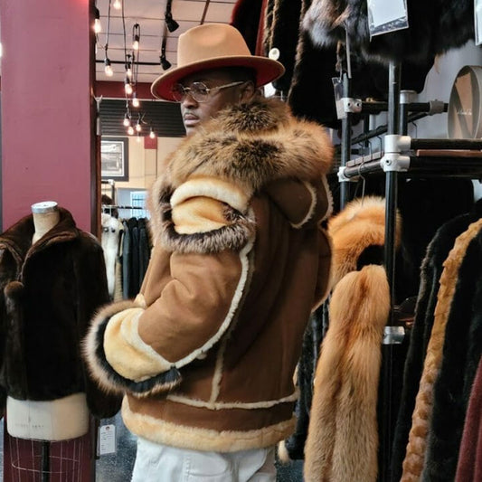 Mens Hooded Tan Shearling Moto Jacket Fox Trim