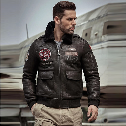 2019 Mens Black Shearling Jacket Leather Jacket Fur Coat Mens Airforce Flight Coat Embroidered Jacket