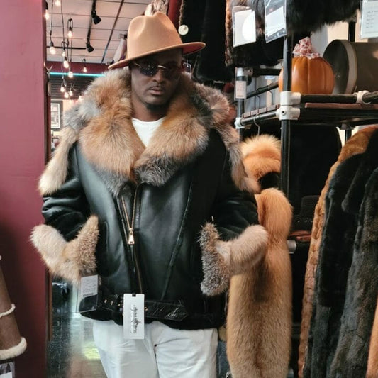 Mens Hooded Shearling Moto Jacket