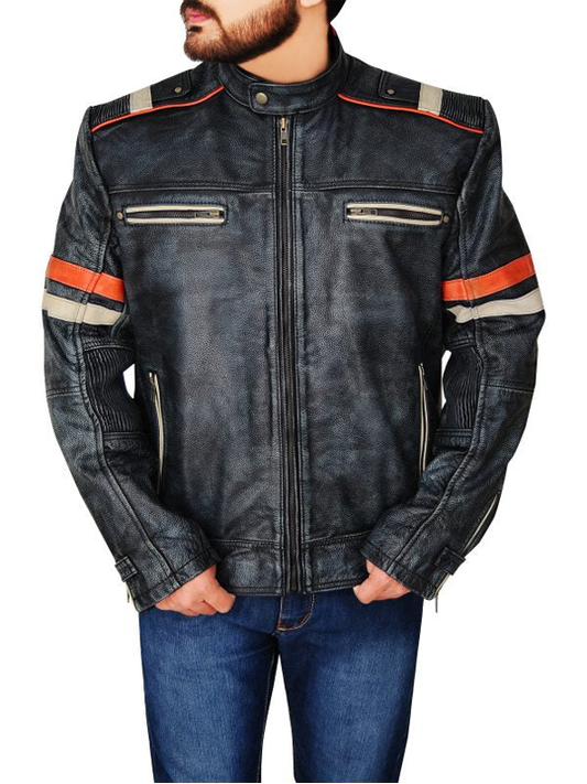 Men Distressed Black Cafe Racer Leather Motorcycle Biker Jacket
