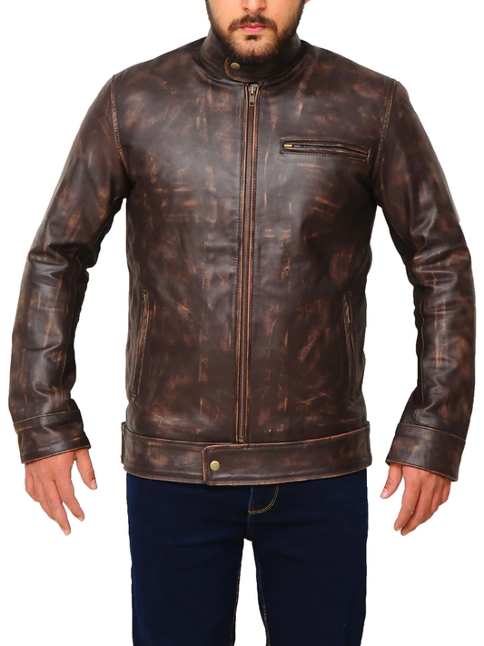 Men Sheepskin Distressed Brown Snap Tab Genuine Aviator Leather Jacket