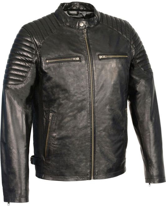 Men's Black Leather ?Utility Pocket’ Vented Motorcycle Biker Jacket