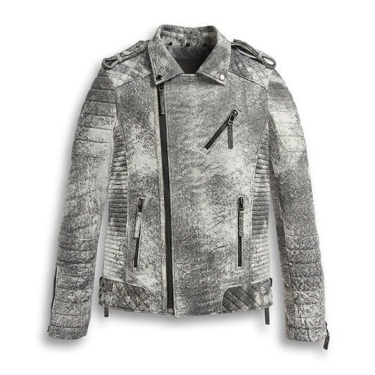 Men's Quilted Shoulders Snap Collar Leather Motorcycle Biker Jacket