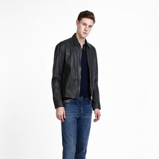 Mens Classic Black Sheepskin Leather Bomber Biker Jacket