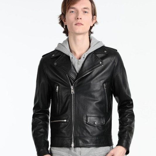 Mens Black Sheepskin Leather Hooded Real Biker  Leather Bomber Jacket