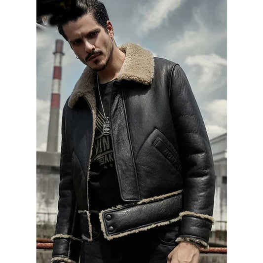 Men’s Black Motorbike Shearling aviator bomber Jacket