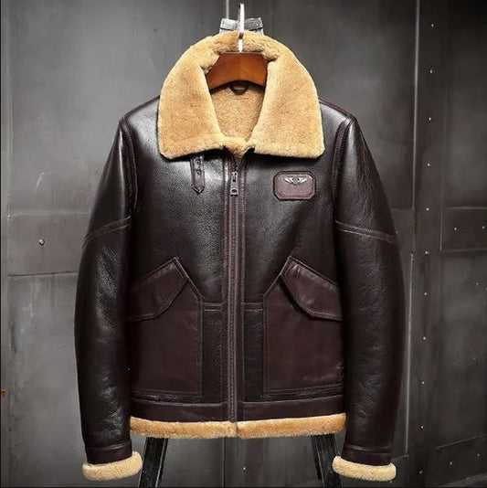 Mens Brown B3 Shearling Fur Sheepskin Leather Airforce Flight Jacket