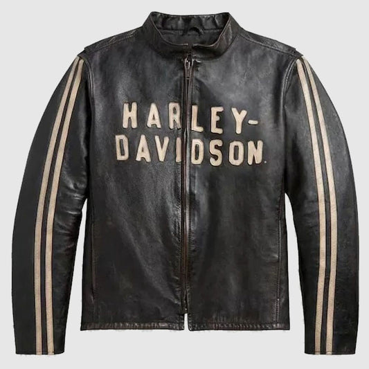 Black Harley Davidson Sleeve Stripe Leather Jacke