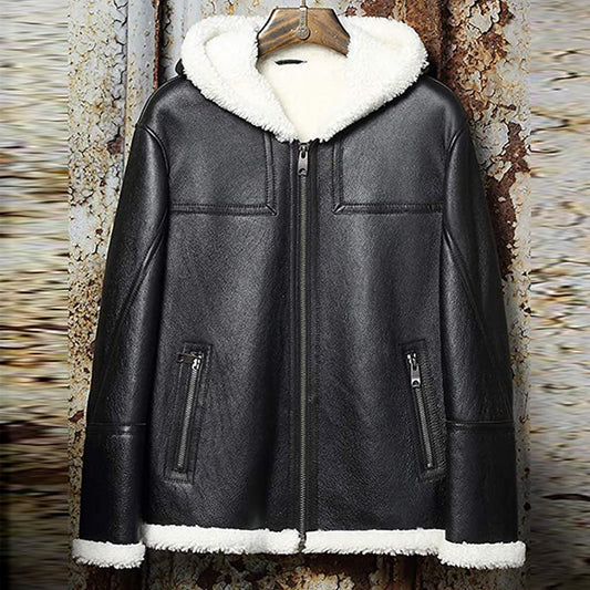 Men’s Black Sheepskin Leather White Shearling Jacket with Hood