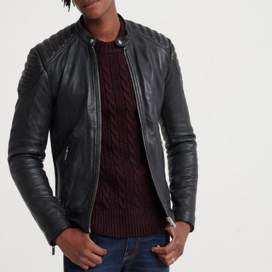 Mens Black Genuine Real Sheepskin Leather Bomber Jacket