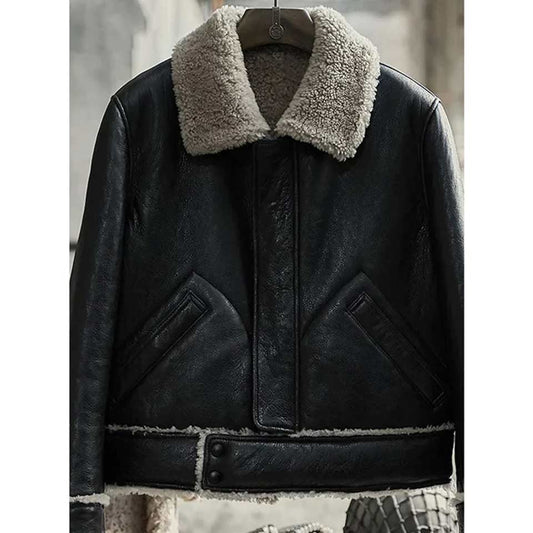 Men’s Black Motorbike Shearling aviator bomber Jacket
